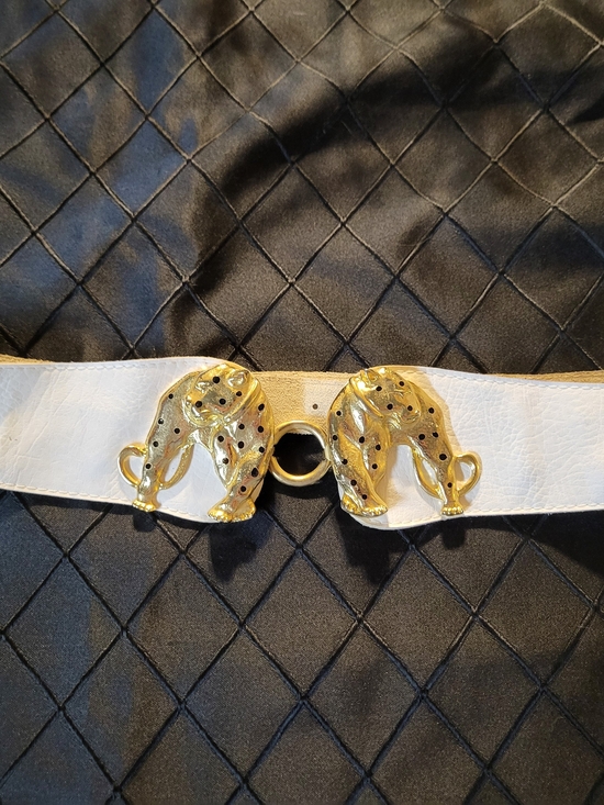 Accessories - White Women's Leather Belt with Gold Leopard Buckle 80s RETRO